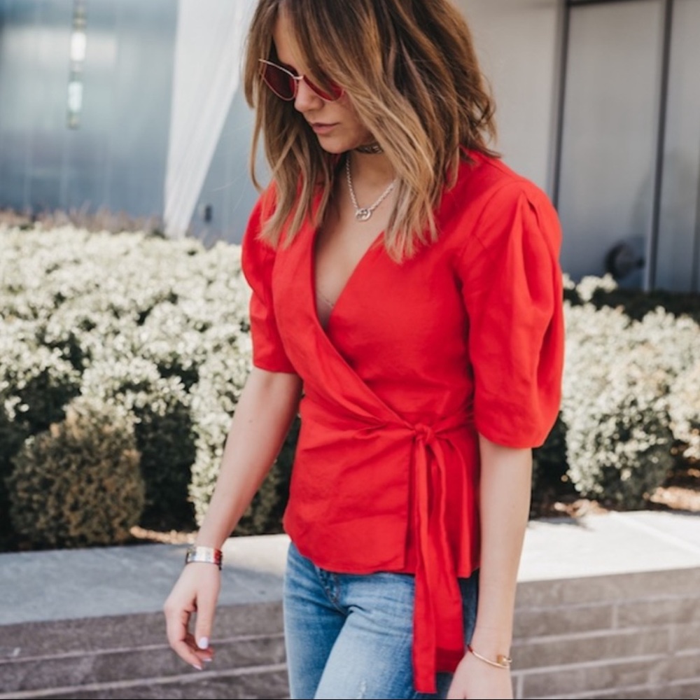 Orange 100% linen wrap top size M